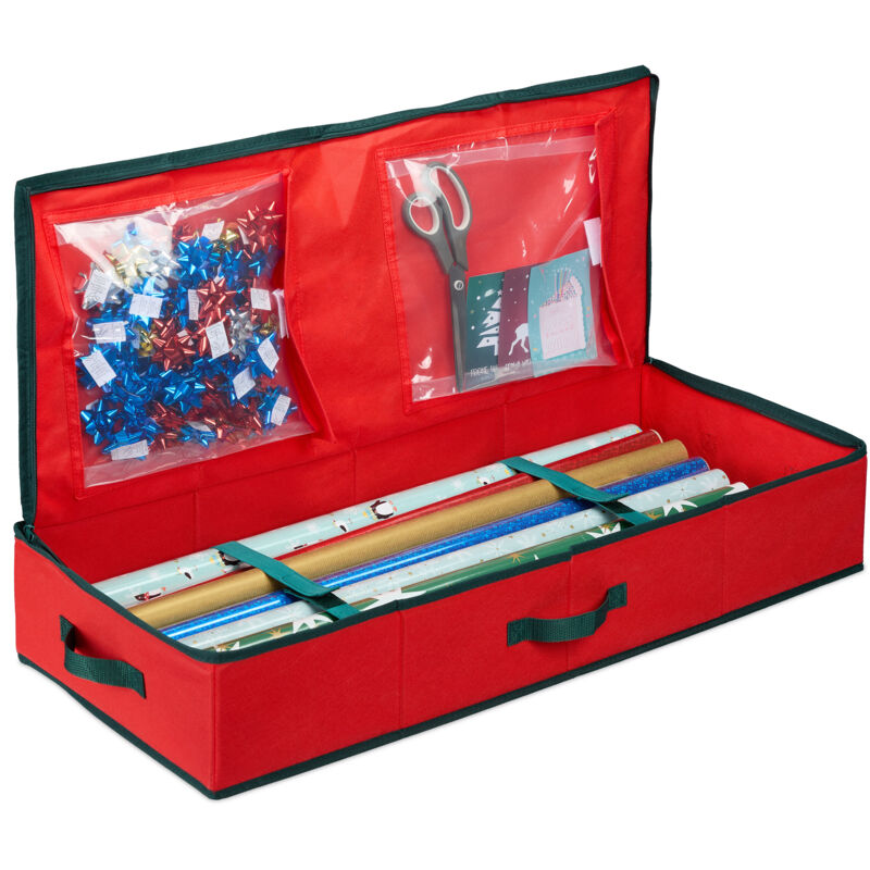 Relaxdays - Gift Wrap Storage Box, 2 Inner Pockets for Ribbons, Christmas, Birthday, hwd: 14.5 x 81 x 35 cm, Red/Black