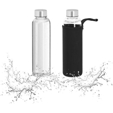 Relaxdays Glass Bottle, 2x Set, 500ml Volume Capacity, with Protective Cover Neoprene, HxD 23.5x6.5cm, Transparent/Black