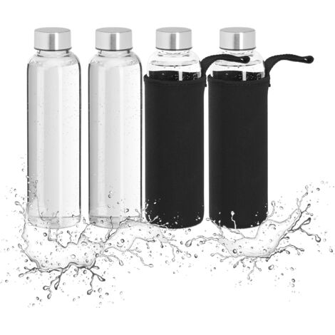 Relaxdays Glass Bottle, 4x Set, 500ml Volume Capacity, with Protective Cover Neoprene, HxD 23.5x6.5cm, Transparent/Black