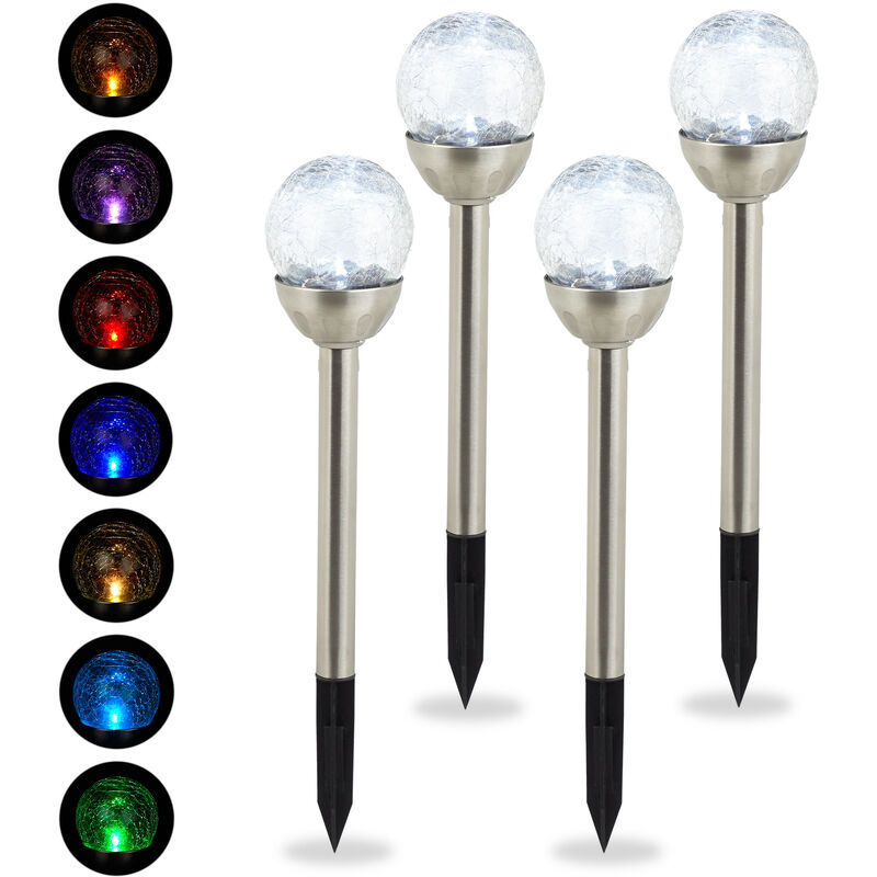 Relaxdays - Glass Sphere Garden Lights Set of 4, Modern Solar Lamps, Cullet Look, Waterproof, Colour Change, Silver