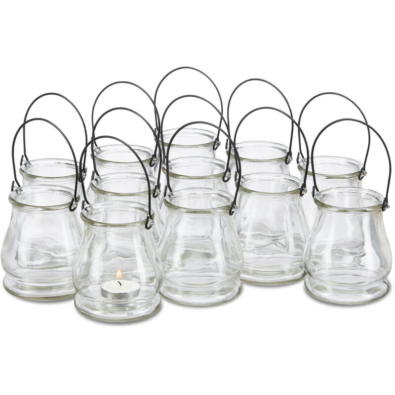 Tea Candle Holder, Set of 12, Lantern with Handle, Table Ornament for In- & Outdoors, 10 cm High, Transparent - Relaxdays