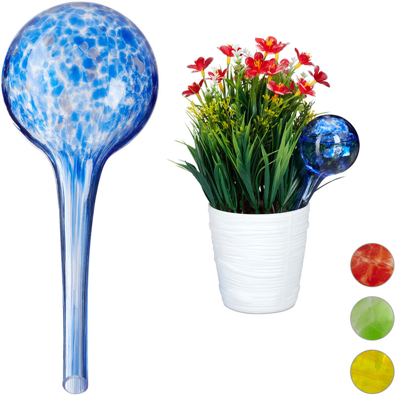 Globes d'arrosage lot de 2, Distributeur eau plantes et fleurs, outil de bureau, ø 6 cm, verre, bleu - Relaxdays