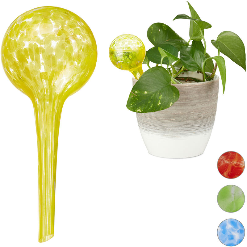 Relaxdays - Globes d'arrosage lot de 2, Distributeur eau plantes et fleurs, outil de bureau, ø 6 cm, verre, jaune