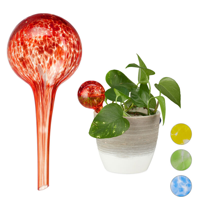 Globes d'arrosage lot de 2, Distributeur eau plantes et fleurs, outil de bureau, ø 6 cm, verre, rouge - Relaxdays