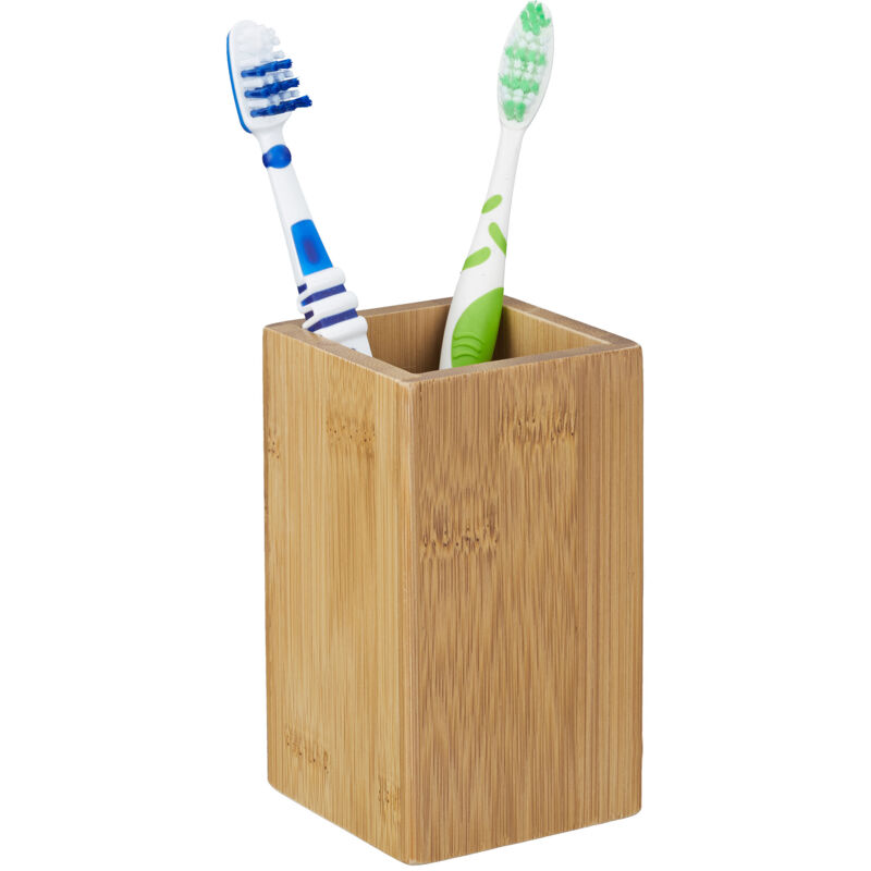 Gobelet porte brosse à dents en lot de 2, HxlxP: 11 x 6,5 x 6,5 cm bambou nature verre salle de bain, nature