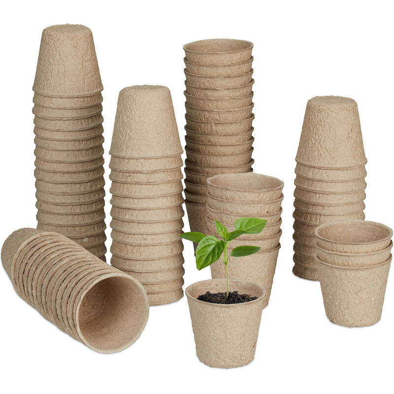 Godet pour semis, lot de 80, biodégradables, cellulose, HxD: 5x6 cm, pots ronds pour légumes, nature - Relaxdays