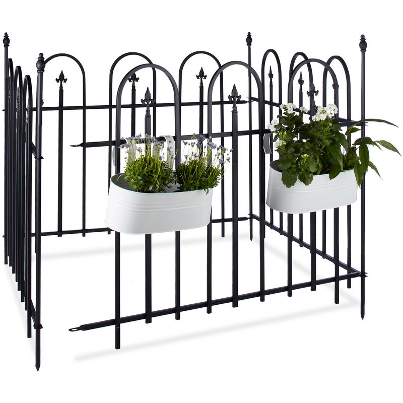 Relaxdays - goth Metal Garden Fence, Complete Set, 4.8 m, Powder-Coated Iron, Metal Fence, 4 Panels of 90 x 120 cm, Grey, Black