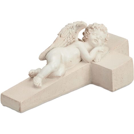 Relaxdays Grave Angel, Weatherproof Frost-proof, HxWxD: 9 x 12.5 x 21 cm, Decorative Guardian on Cross, Polyresin, Cream