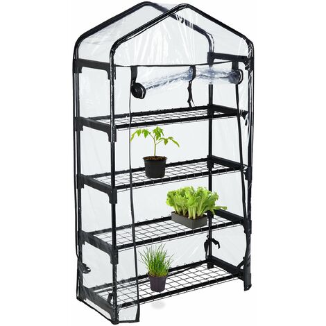Relaxdays Greenhouse For Balcony, PVC Film, Steel, HxWxD:  125 x 69 x 29 cm, Mini Propagator 4 Levels, Black/Transparent