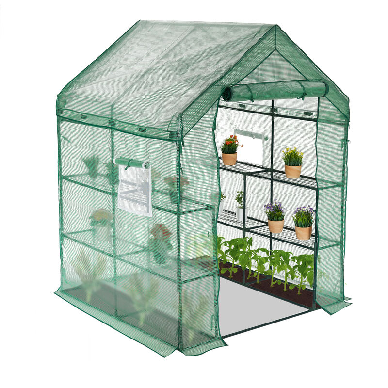 Relaxdays Greenhouse, PE Plastic, Iron, HxWxD: 195 x 145 x 145 cm, 8 Shelves, Walk-In, Transparent, Garden, Green