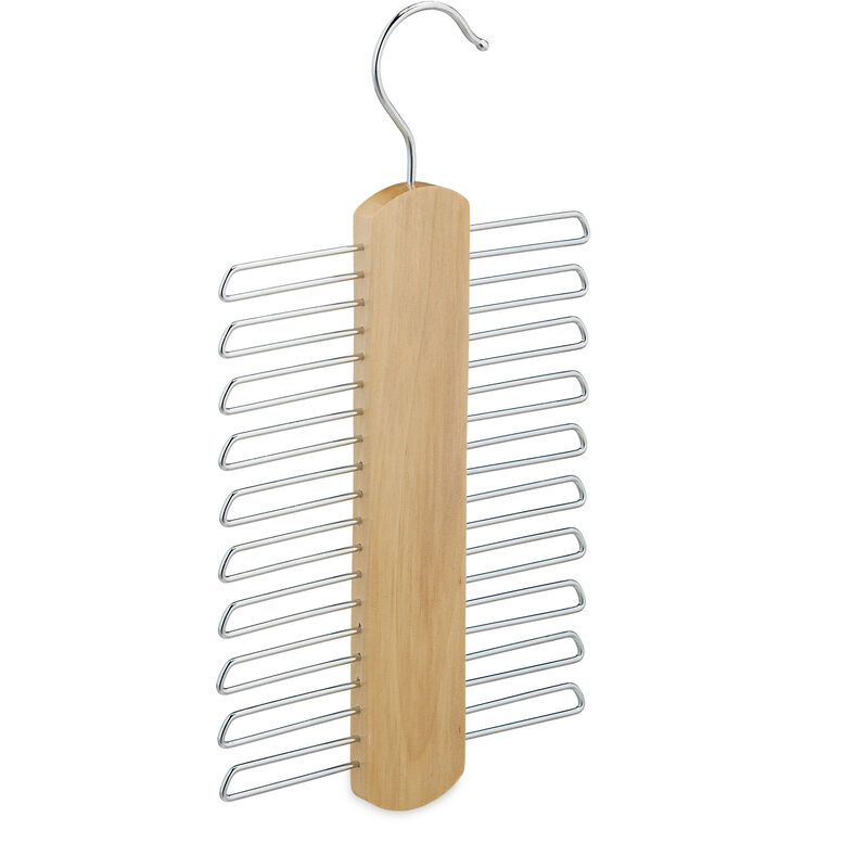 Relaxdays Tie Hanger, Store 20 Ties, Space-saver Rack, Holder for Wardrobe, 360° Rotatable Hook, Wood & Iron, Natural