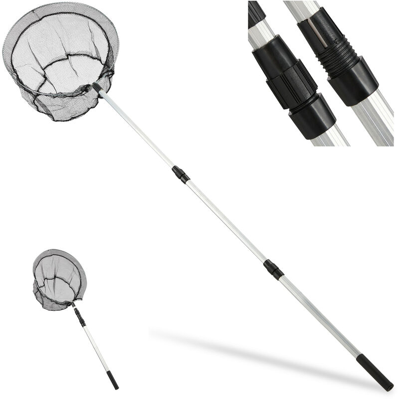 Guadino da Pesca, Asta Telescopica 60-130 cm, Pieghevole, Leggero, Stabile, Rete d: 36 cm, Nero-Argento - Relaxdays