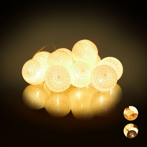   Guirlande Lumineuse LED, 10 Boules Coton, Fonction Piles, Lumières d'Ambiance, Sphères Ø6 cm, Blanc