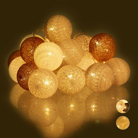   Guirlande Lumineuse LED, 20 Boules de Coton, Fonction à Piles, Lumières d'Ambiance, Sphères Ø6 cm, Blanc Gris Marron