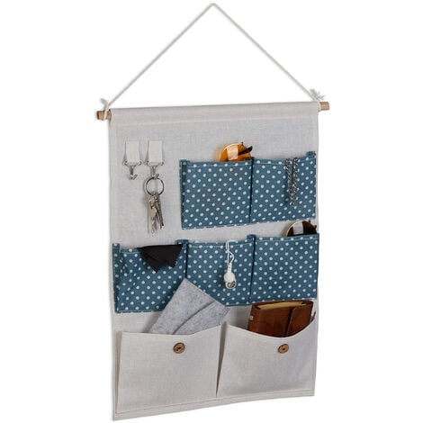 Relaxdays Hängeorganizer, 7 Fächer, 2 Haken, Baumwolle, HxB: 60x39 cm, Bad, Flur, Büro, Organizer zum Hängen, creme/blau