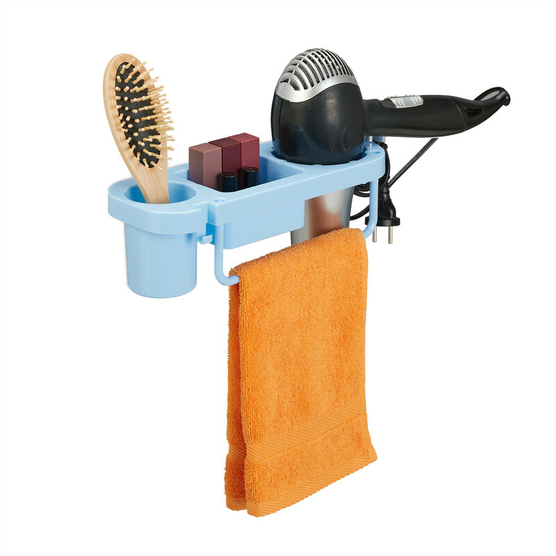Relaxdays Hairdryer Holder without Drilling, Plastic, Cable Holder & Shelves, Wall, HxWxD 9x30x10,5 cm, Blue