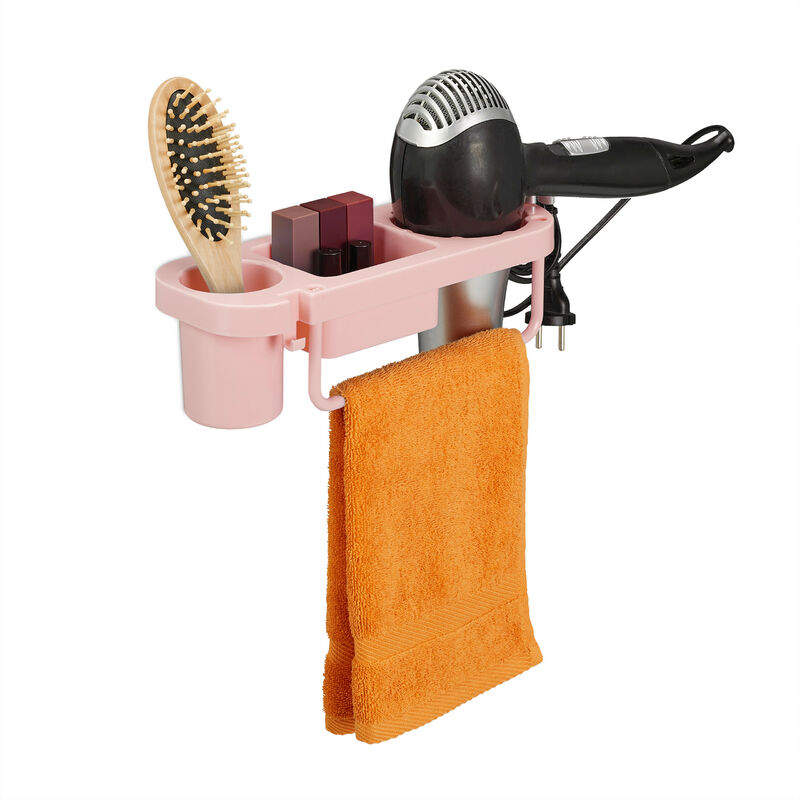 Relaxdays Hairdryer Holder Without Drilling, Plastic, Cable Holder & Shelves, Wall, Hxwxd 9x30x10, 5 Cm, Pink