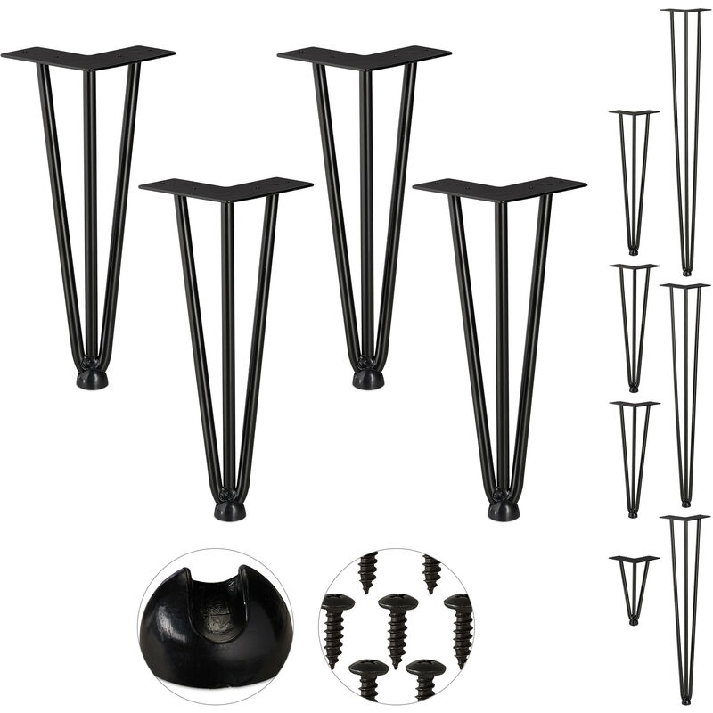 Image of Hairpin Legs, Set da 4, 3 Aste, Metallo, Gamba Tavolo a Forcella, Sgabello Tavolo e Armadio, Alte 30 cm , Nero - Relaxdays