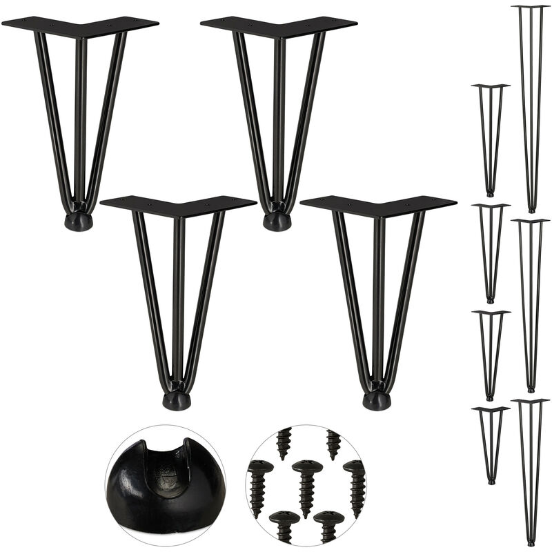 Image of Hairpin Legs, Set da 4, 3 Aste, Metallo, Gamba Tavolo a Forcella, Sgabello Tavolo e Armadio, Alte 20 cm , Nero - Relaxdays