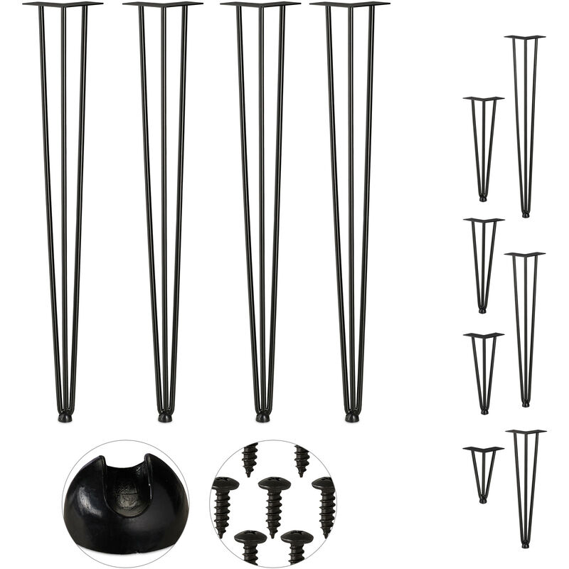 Image of Hairpin Legs, Set da 4, 3 Aste, Metallo, Gamba Tavolo a Forcella, Sgabello Tavolo e Armadio, Alte 86 cm , Nero - Relaxdays