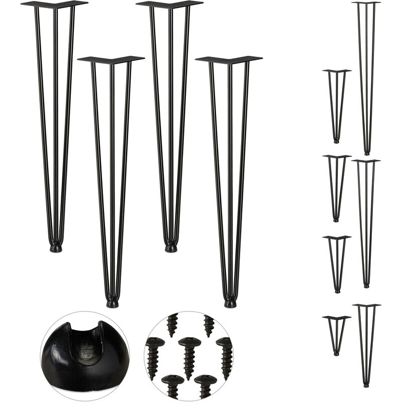 Image of Hairpin Legs, Set da 4, 3 Aste, Metallo, Gamba Tavolo a Forcella, Sgabello Tavolo e Armadio, Alte 60 cm , Nero - Relaxdays