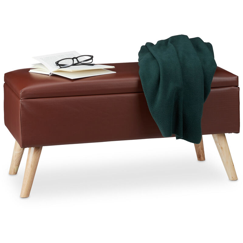 Hallway Storage Bench, 40L, Padded Faux Leather Trunk, Wooden Legs, HxWxD: 40 x 80 x 39.5 cm, Brown - Relaxdays