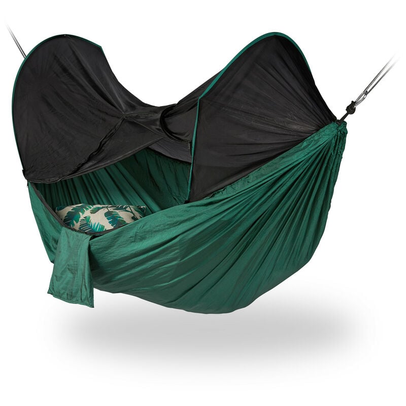 Hamac avec moustiquaire, sac de transport compact, extérieur, lit suspendu, HxLxP : 120x277x135 cm, vert/noir - Relaxdays