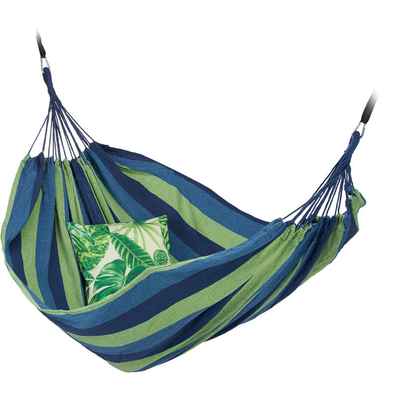 Relaxdays - Hamac en coton, LxP : 150x190 cm, avec kit de fixation, jusqu'à 300 kg, transportable, xxl, bleu-vert