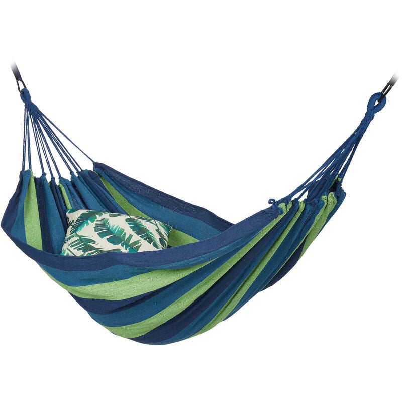 Hamac en coton, avec fixation & sac, l x p : 240 x 150 cm, intérieur et extérieur, jusqu'à 200 kg, bleu-vert - Relaxdays