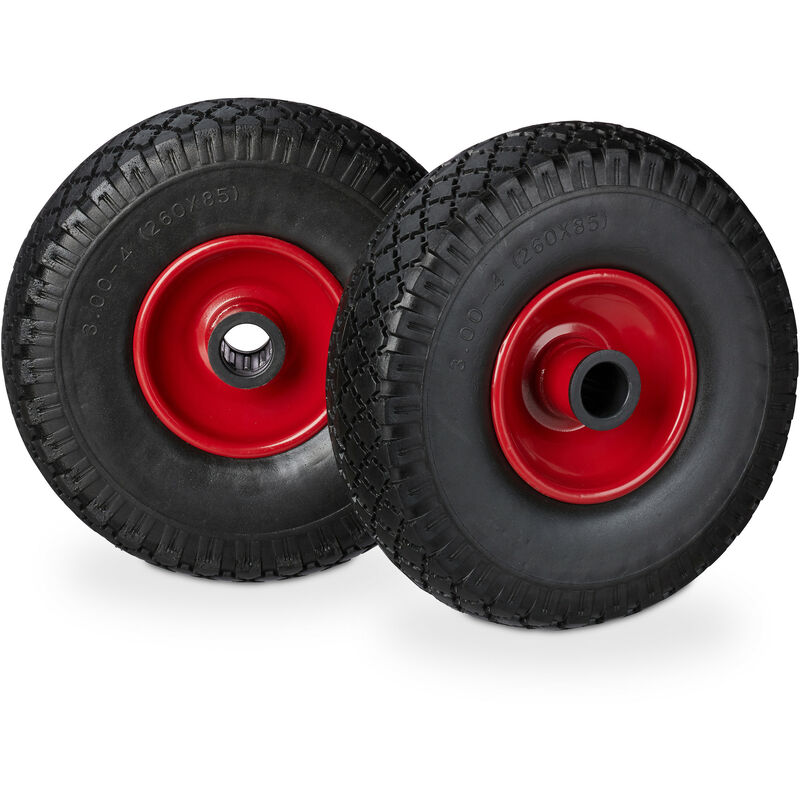 Relaxdays - Hand Truck Spare Tyre Set, Flatproof, 3.00-4 Solid Rubber Wheel, 25mm Axle, 100 kg, 260 x 85 mm, Black-Red