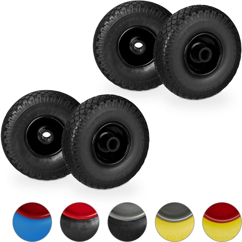 Set Of 4 Relaxdays Hand Truck Spare Tyres, Flatproof, 3.00-4 Solid Rubber Wheel, 25mm Axle, 100kg, Black
