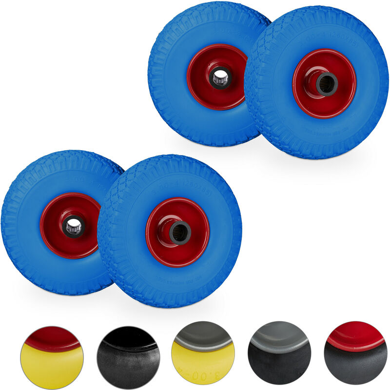 Set Of 4 Relaxdays Hand Truck Spare Tyres, Flatproof, 3.00-4 Solid Rubber Wheel, 25mm Axle, 100kg, Blue/red