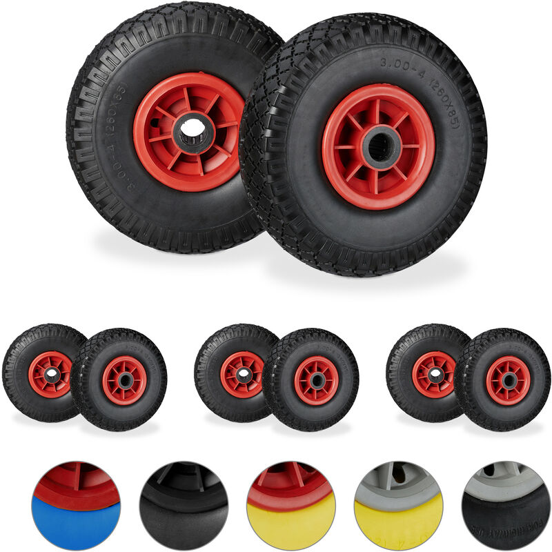 Set Of 8 Relaxdays Hand Truck Spare Tyres, Flatproof, 3.00-4 Solid Rubber, 25mm Axle, 80kg, 260 X 85 Mm, Black/red