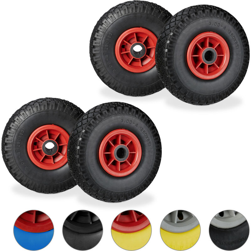 Set Of 4 Relaxdays Hand Truck Spare Tyres, Flatproof, 3.00-4 Solid Rubber, 25mm Axle, 80kg, 260 X 85 Mm, Black/red