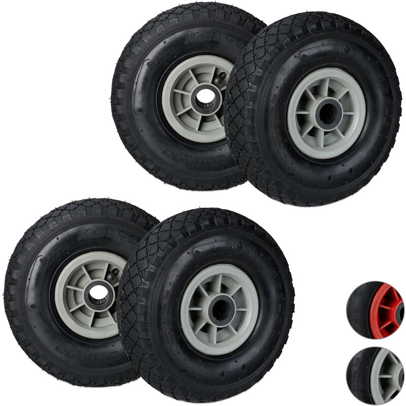 Relaxdays Set Of 4 Hand Truck Wheels, 3.00-4, Pneumatic Plastic Rim Tyres, 260 X 85 Mm, Ø 25 Mm Axis, Black/grey