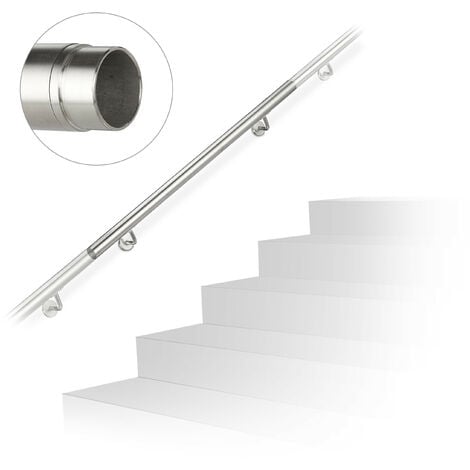 Relaxdays Handrail, Stair Rail, Extendable, Indoor, Outdoor, Round, Ø 42 mm, Stainless Steel, Bracket, 100 cm, Silver