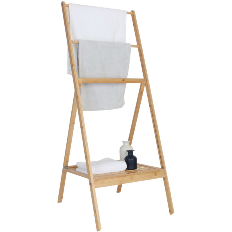 Relaxdays Handtuchständer Bambus, Klappbar, Ablage, 3 Stangen, Hxbxt, 112 X 55 X 44, 5 Cm, Handtuchablage, Natur