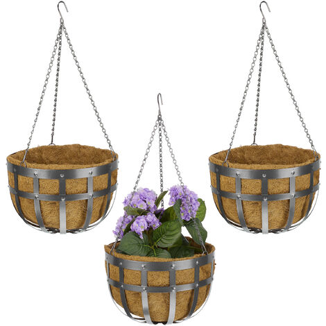 Relaxdays hanging baskets, set of 3, with coco liner, metal outdoor planter with hook, size 75 x 35 cm, in grey