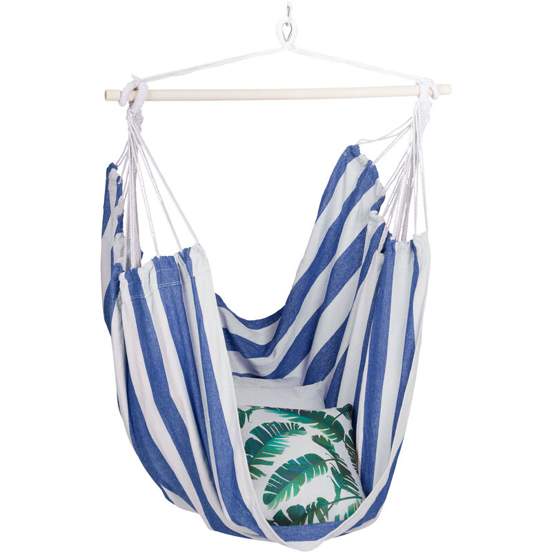 Hanging Chair, Modern Cotton Swing Seat, For Adults & Children, In- & Outdoor Use, Max. 150 Kg, White and Blue - Relaxdays