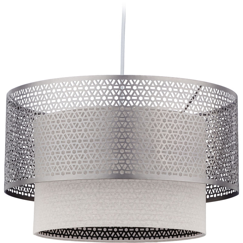 Relaxdays - Hanging Lamp, 1 Socket, Round Lampshades, E27 Pendant Light, Iron & Linen, 40.5 Diameter, Silver