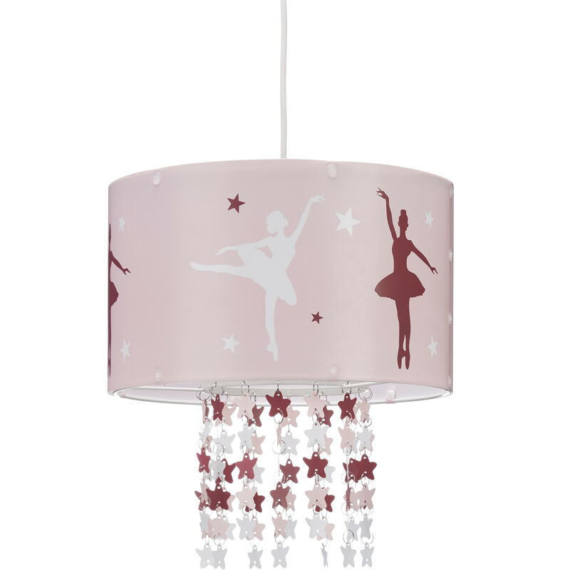 Relaxdays Hanging Lamp for Girls, Children's Ceiling Light with Ballerina Print, Pendant Light with Star-Mobile, Pink