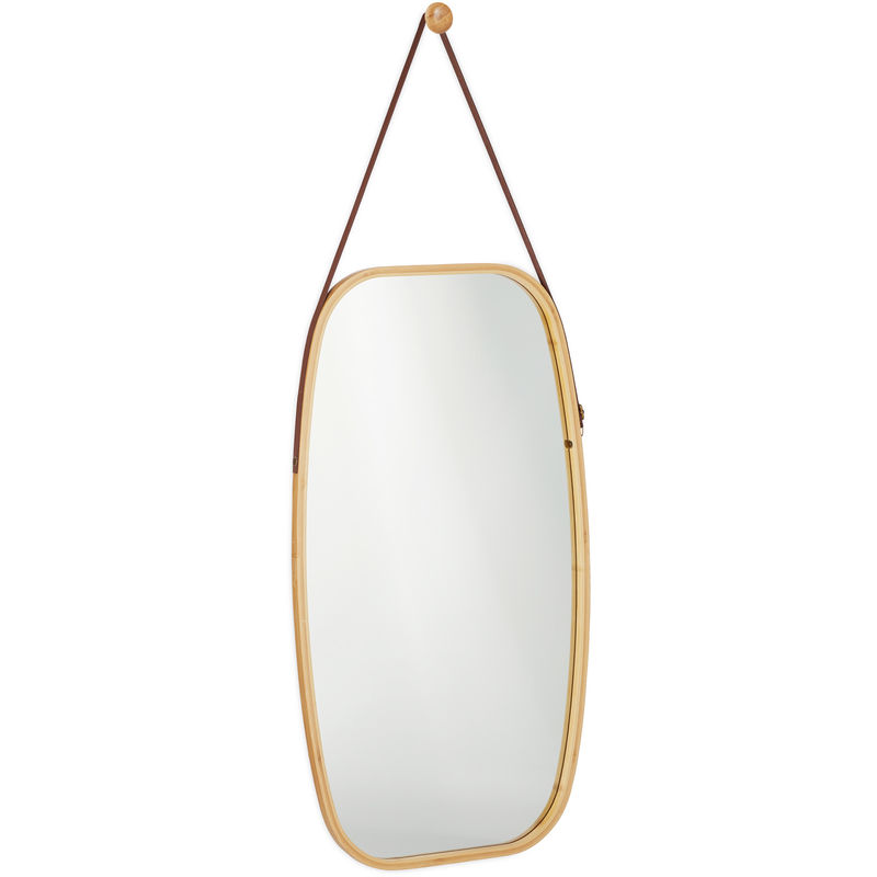Relaxdays Hanging Mirror, Bamboo Frame, Adjustable Strap, Oval Wall Mirror, Modern, Hallway, Bed- & Living Room, Natural