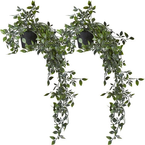Relaxdays Hanging Plant Artificial, Set of 2, Fake Flowers, Plastic Ivy Plants, Decoration, HxD: 60 x 20 cm, Green/Black
