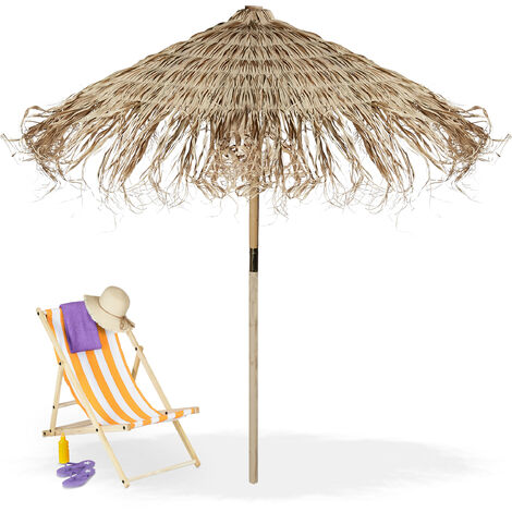Relaxdays Hawaii Parasol, Handmade, Beach Umbrella, Fir Wood & Palm Leaf, Weather Resistant, Folding, XL Size, Natural