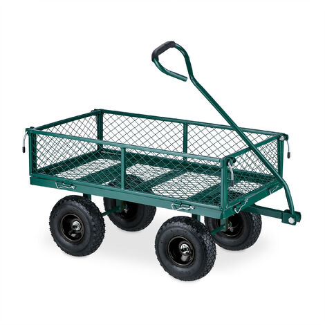 Relaxdays Heavy-Duty Cart, Practical Garden Trolley, Pneumatic Wheels, Folding Sides, up to 200 kg, Steel, Green/Black