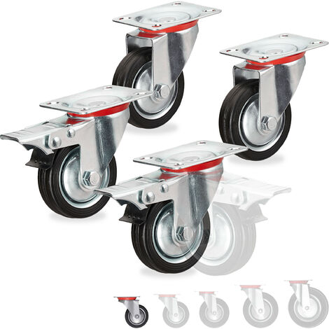 Relaxdays Heavy Duty Castors Set of 4, Rotatable, 2 Wheels, with Brake, Load Capacity up to 200kg, Wheel D: 75 mm, Black