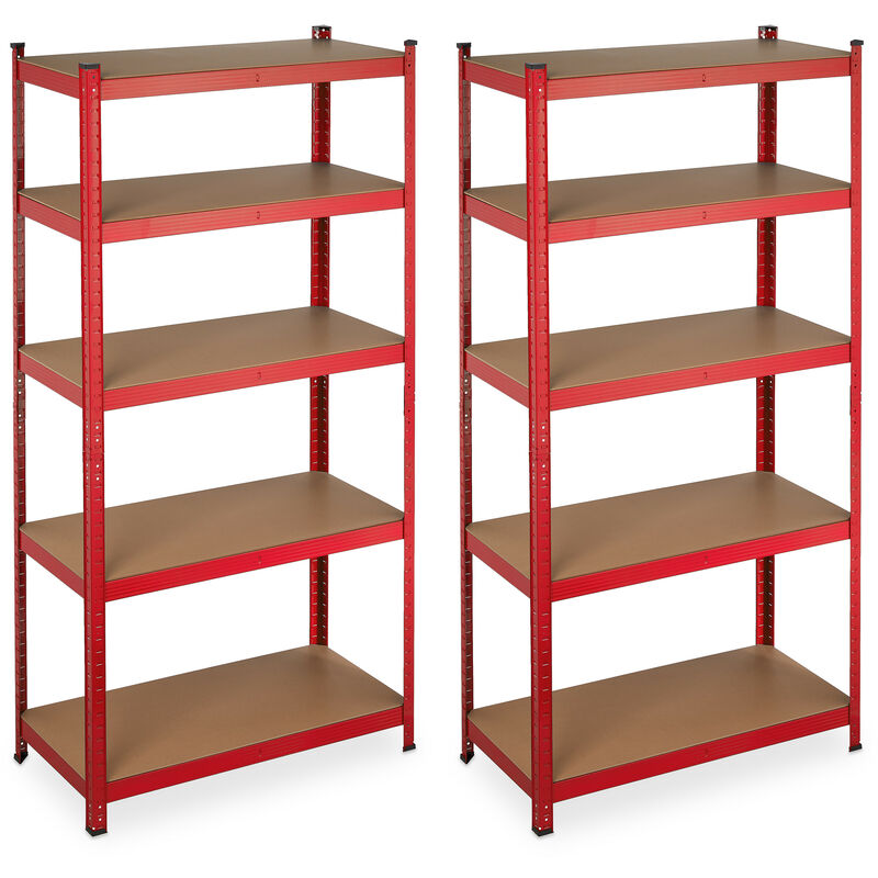 2 x Heavy-Duty Shelving, Interlocking, Max. Load 875 kg, 5 Shelves, Garage, Steel, HxWxD: 180 x 90 x 45 cm, Red