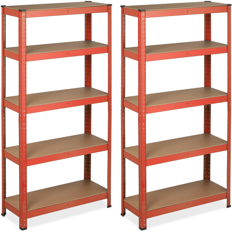 2 x Heavy-Duty Shelving, Max. Load 875 kg, 5 Shelves, Cellar & Garage, Steel, HxWxD: 151 x 75 x 30 cm, Red