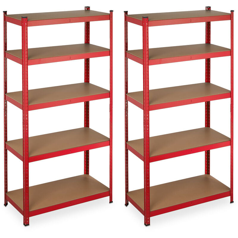 2 x Heavy-Duty Shelving, Max. Load 875 kg, 5 Shelves, Garage, Steel & mdf, HxWxD: 180 x 90 x 40 cm, Red