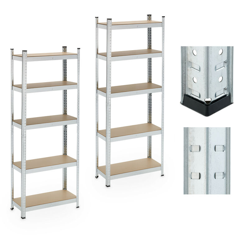 Relaxdays - 2x Heavy-duty Shelving, 5 Levels, 180 x 70 x 30 cm, up to 500 kg, Steel, Storage for Cellar & Garage, Silver